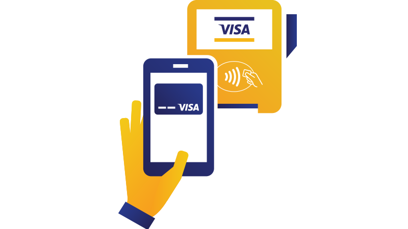 Illustration of a Visa mobile payment as a hand holds a phone over a contactless payment terminal.