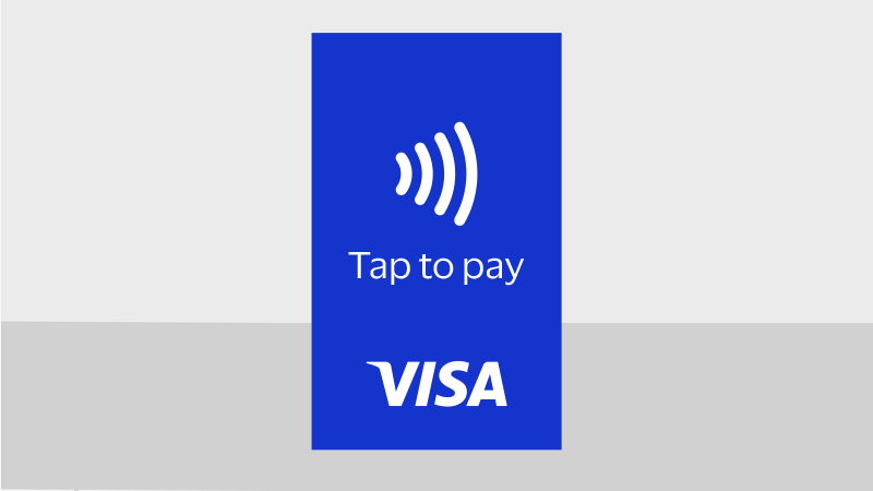 Tap to Pay icon with Visa logo on a blue background color.