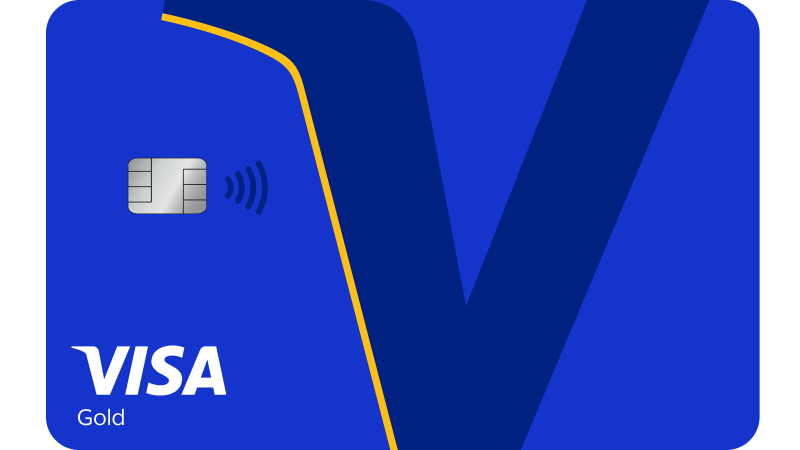 Blue Visa Gold card design featuring a large dark blue "V" against a lighter blue background. A silver chip and contactless symbol are on the left.