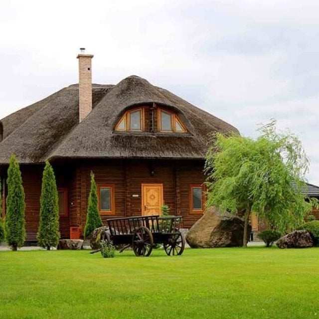 Очаровательный домик с соломенной крышей и деревянными стенами, окруженный высокими кустарниками