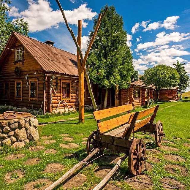 Домик из бревен с деревянной крышей, окруженный пышной зеленью под ярко-голубым небом