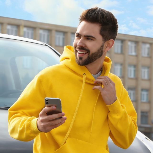 Улыбающийся мужчина в желтой толстовке держит смартфон на улице. 