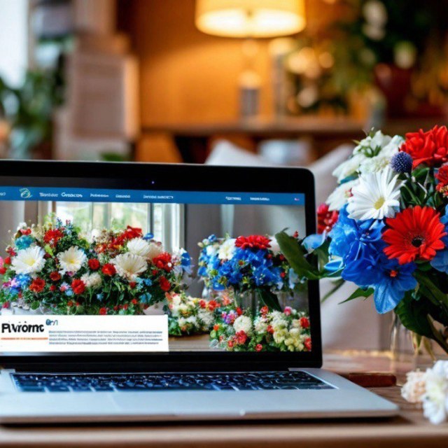 На столике стоит ноутбук, на экране которого отображается изображение красочных цветочных композиций в красно-бело-голубых тонах. Рядом с ноутбуком стоит похожий букет.